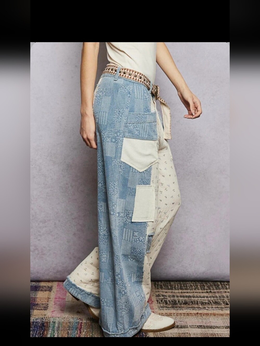 POL Two-Tone Floral Cream and Textured Light Blue Wide Leg Jeans Small